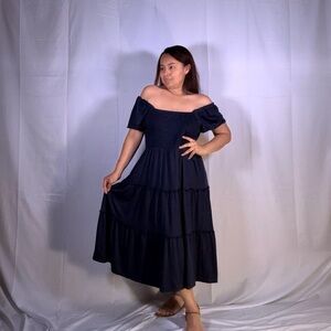 Chic Blue Off-Shoulder Flutter Sleeve Midi Dress